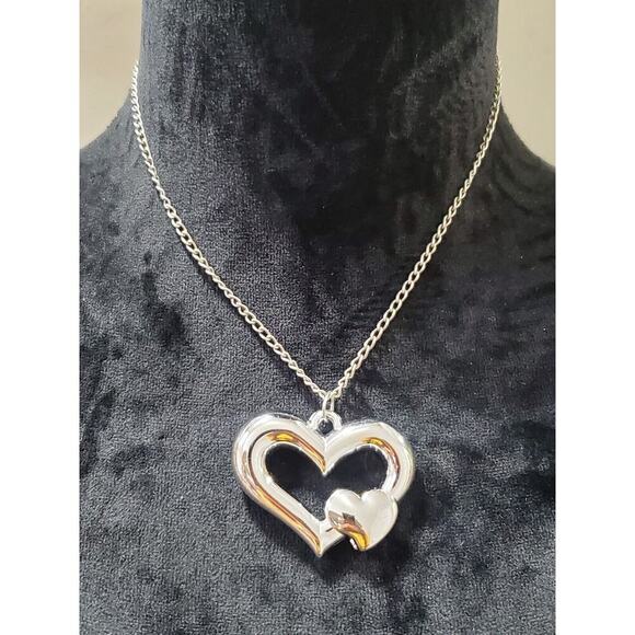 Women's Silver Tone Double Heart Style With Chain Necklace - Picture 3 of 6